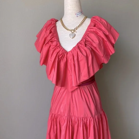 Ruffled Tiered Coral Pink Taffeta H&M DRESS -NWT princess flowy - Picture 6 of 14